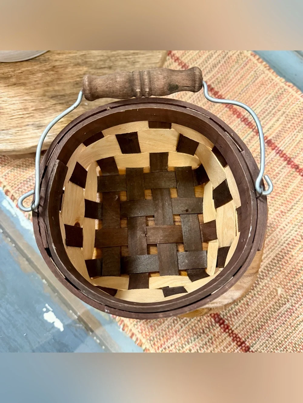 Vintage Hand woven Brown and Cream Rooster Woven Accent Basket
